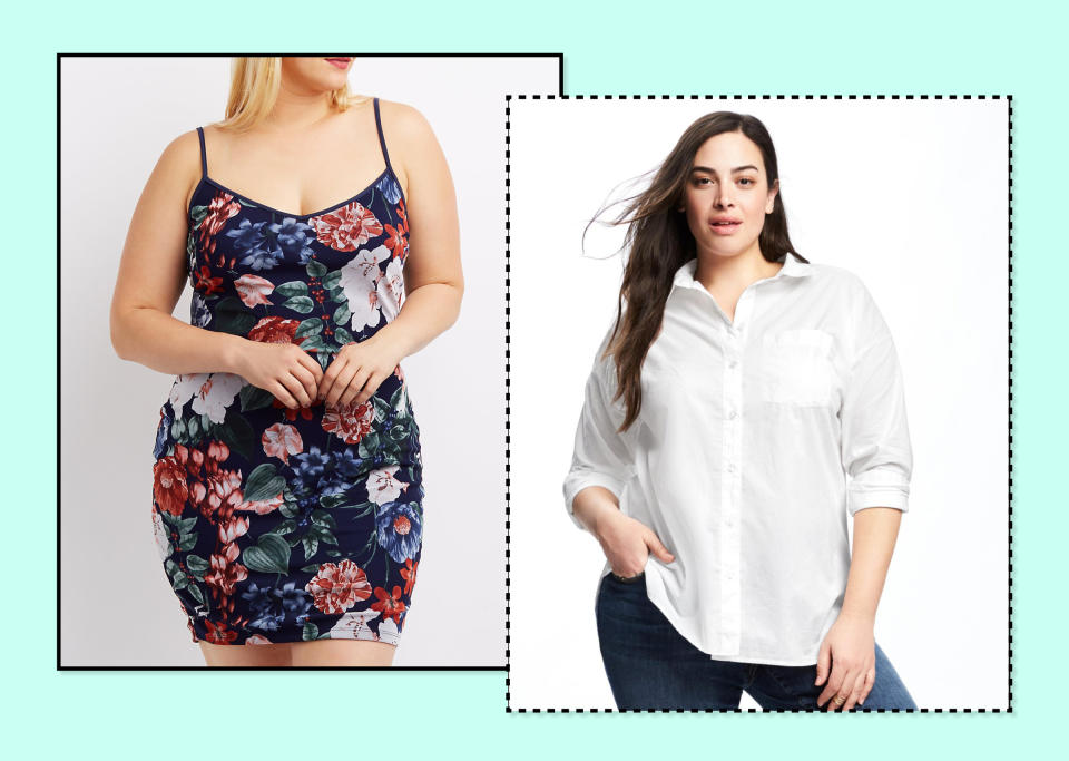 <p>Throw a button-down shirt — like <a rel="nofollow noopener" href="http://oldnavy.gap.com/browse/product.do?cid=1066292&pcid=7240&vid=8&pid=711807002" target="_blank" data-ylk="slk:Old Navy;elm:context_link;itc:0;sec:content-canvas" class="link ">Old Navy</a> Plus Size Boyfriend Pocket Shirt, $37 — over this <a rel="nofollow noopener" href="http://www.charlotterusse.com/plus-size-floral-mesh-bodycon-dress/302416405.html?rrec=true" target="_blank" data-ylk="slk:Charlotte Russe;elm:context_link;itc:0;sec:content-canvas" class="link ">Charlotte Russe</a> Plus Size Floral Mesh Bodycon Dress, $34, knotting the ends of the shirt. (Photo: Charlotte Russe/Old Navy) </p>