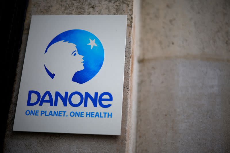 FILE PHOTO: FILE PHOTO: Logo of French food group Danone at the company headquarters in Paris