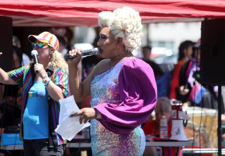 Leilani Price juggled announcer duties at the Fresno Rainbow Pride Parade in the Tower District on June 3, 2023.