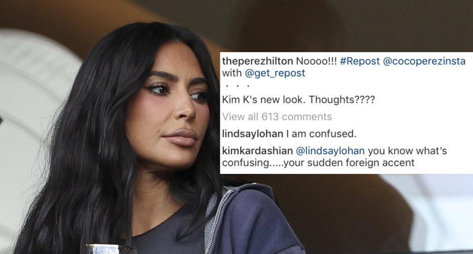 A close-up photo of Kim Kardashian, with a screenshot of Instagram comments on top