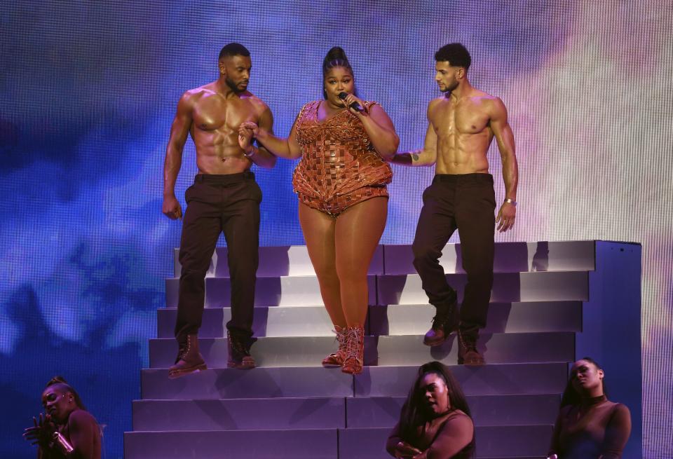 Lizzo performs on stage at the Brit Awards 2020 in London, Tuesday, Feb. 18, 2020. (Photo by Joel C Ryan/Invision/AP)