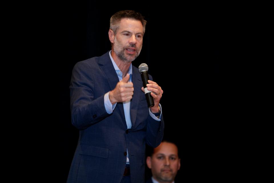 Gubernatorial primary candidate Michael Shellenberger speaks during a candidate forum hosted by The Lincoln Club of the Coachella Valley in Rancho Mirage, Calif., on May 9, 2022.