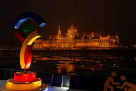 The Hungarian Parliament is seen behind Hungary's Olympic logo at a promotional spot as the Hungarian capital bids for the 2024 Olympic Games, in central Budapest, Hungary January 31, 2017. REUTERS/Laszlo Balogh