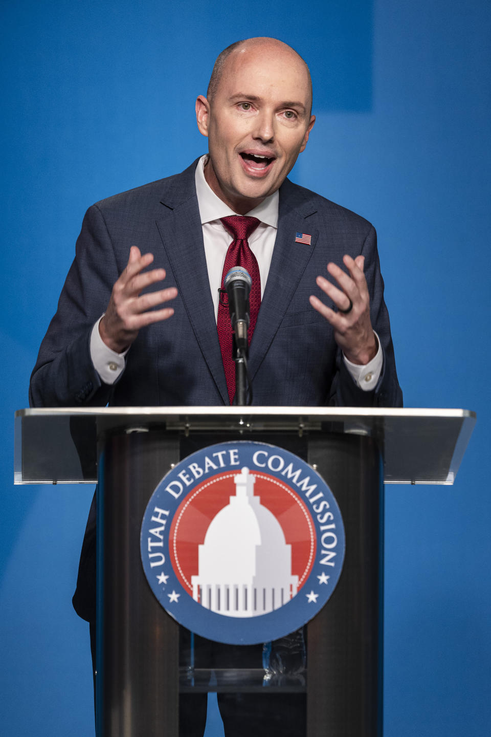 Incumbent Gov. Spencer Cox speaks during Utah's gubernatorial GOP primary debate on Tuesday, June 11, 2024, in Salt Lake City. (Isaac Hale/The Deseret News via AP, Pool)