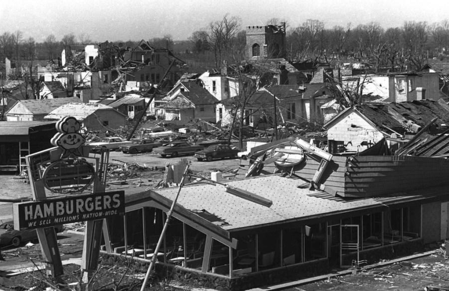 FILE – Tornado destruction in Xenia, Ohio is shown in an April 4, 1974 photo. The deadly tornado killed 32 people, injured hundreds and leveled half the city of 25,000. Nearby Wilberforce was also hit hard. As the Watergate scandal unfolded in Washington, President Richard Nixon made an unannounced visit to Xenia to tour the damage. Xenia’s was the deadliest and most powerful tornado of the 1974 Super Outbreak. (AP Photo, file)