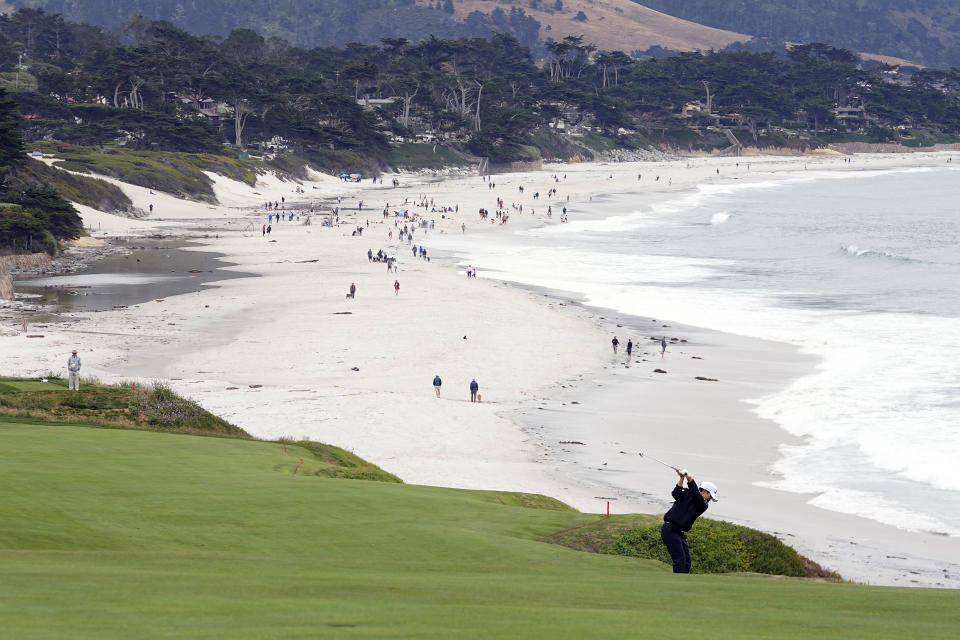 Haru Nomura, of Japan, hits off the fairway on the ninth hole during the first round of the U.S. Women's Open golf tournament at the Pebble Beach Golf Links, Thursday, July 6, 2023, in Pebble Beach, Calif. (AP Photo/Darron Cummings)