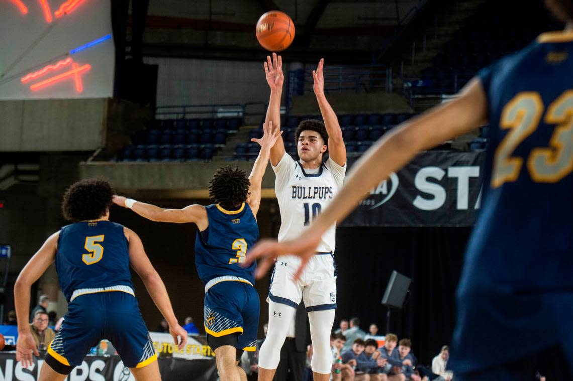 Gonzaga Prep guard Jamil Miller (10) puts up a shot in the second quarter against Mariner in the opening round of the Class 4A boys state basketball tournament on Wednesday, March 1, 2023 at the Tacoma Dome in Tacoma, Wash.