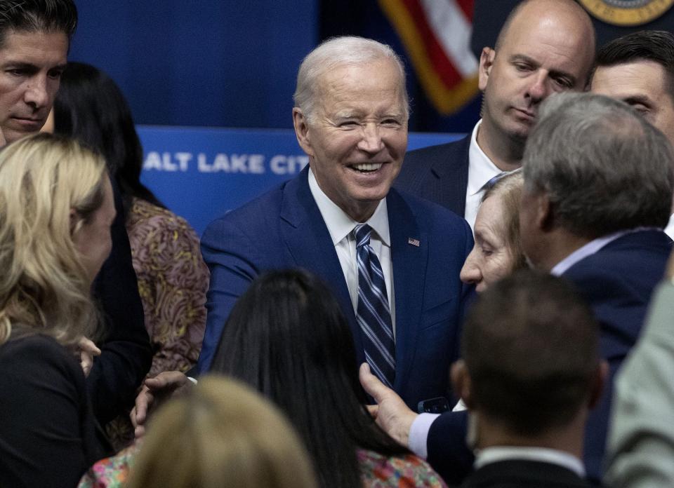 President Joe Biden greets attendees after speaking on the one-year anniversary of passage of the PACT Act, the most significant expansion of benefits and services for toxic exposed veterans and survivors in over 30 years, at the George E. Wahlen Department of Veterans Affairs Medical Center in Salt Lake City on Thursday, Aug. 10, 2023. | Laura Seitz, Deseret News