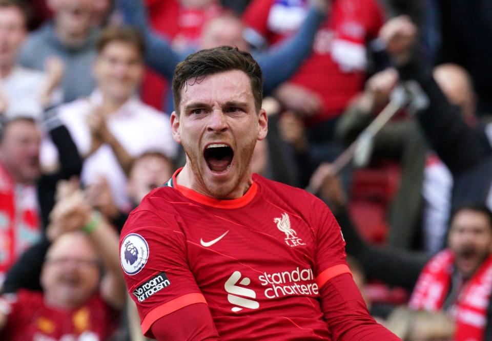 Liverpool’s Andy Robertson celebrates scoring his side’s first goal against Everton at Anfield (Peter Byrne/PA) (PA Wire)