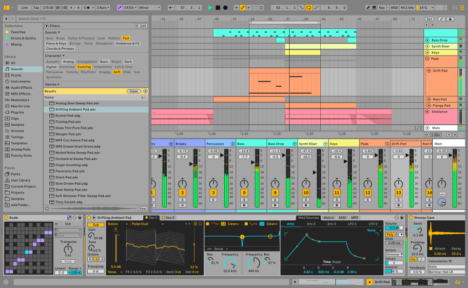 Una captura de pantalla que muestra el mezclador de Ableton Live en la pantalla Vista de sesión.