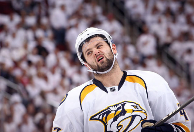 GLENDALE, AZ - APRIL 27:  Alexander Radulov #47 of the Nashville Predators reacts in Game One of the Western Conference Semifinals against the Phoenix Coyotes during the 2012 NHL Stanley Cup Playoffs at Jobing.com Arena on April 27, 2012 in Glendale, Arizona. The Coyotes defeated the Predators 4-3 in overtime.  (Photo by Christian Petersen/Getty Images)