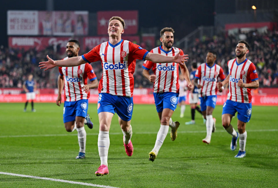 Girona's Viktor Tyshankov celebrates a goal earlier this season. (David Ramos/Getty Images)