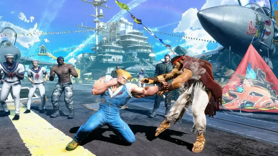 Guile punching Ryu in Street Fighter 6