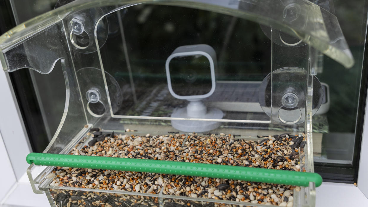  A Blink Mini camera behind a clear plastic bird feeder. 