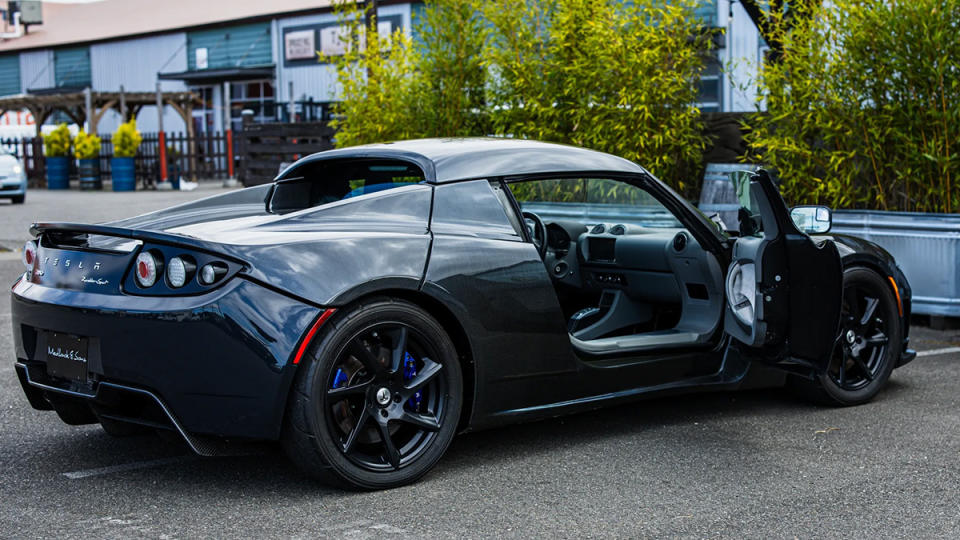 A rear 3/4 view of the Tesla Roadster RR prototype