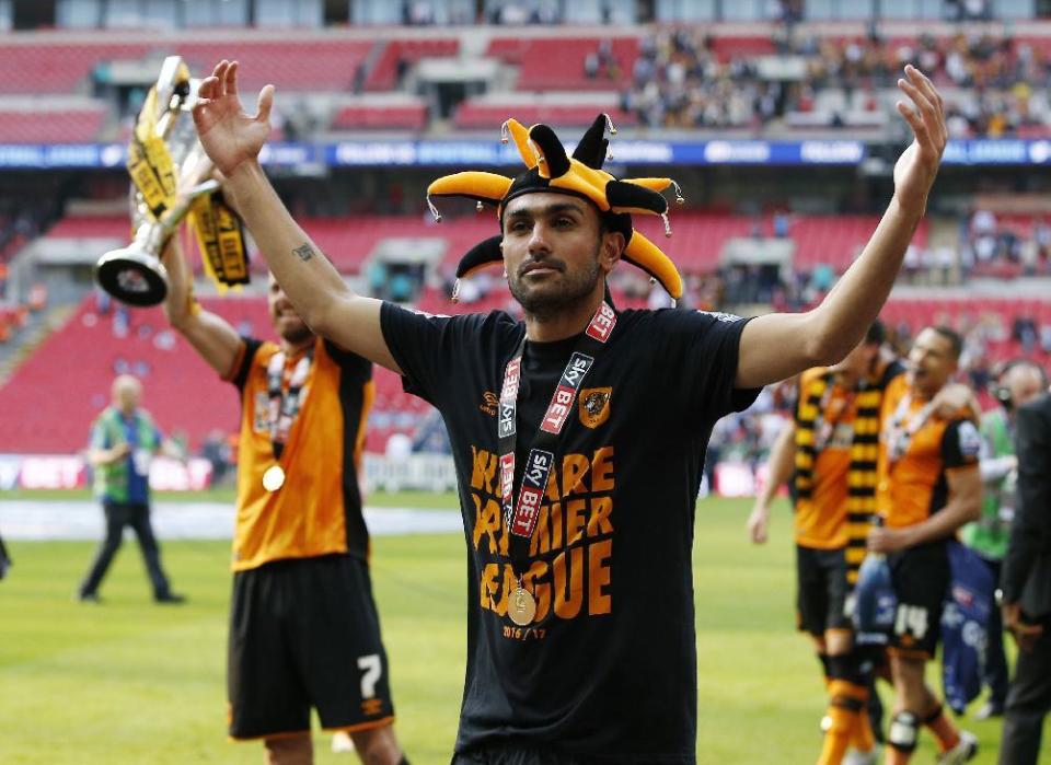 Britain Soccer Football - Hull City v Sheffield Wednesday - Sky Bet Football League Championship Play-Off Final - Wembley Stadium - 28/5/16 Hull City's Ahmed Elmohamady celebrate after winning promotion back to the Premier League Action Images via Reuters / Andrew Couldridge Livepic EDITORIAL USE ONLY. No use with unauthorized audio, video, data, fixture lists, club/league logos or "live" services. Online in-match use limited to 45 images, no video emulation. No use in betting, games or single club/league/player publications. Please contact your account representative for further details.