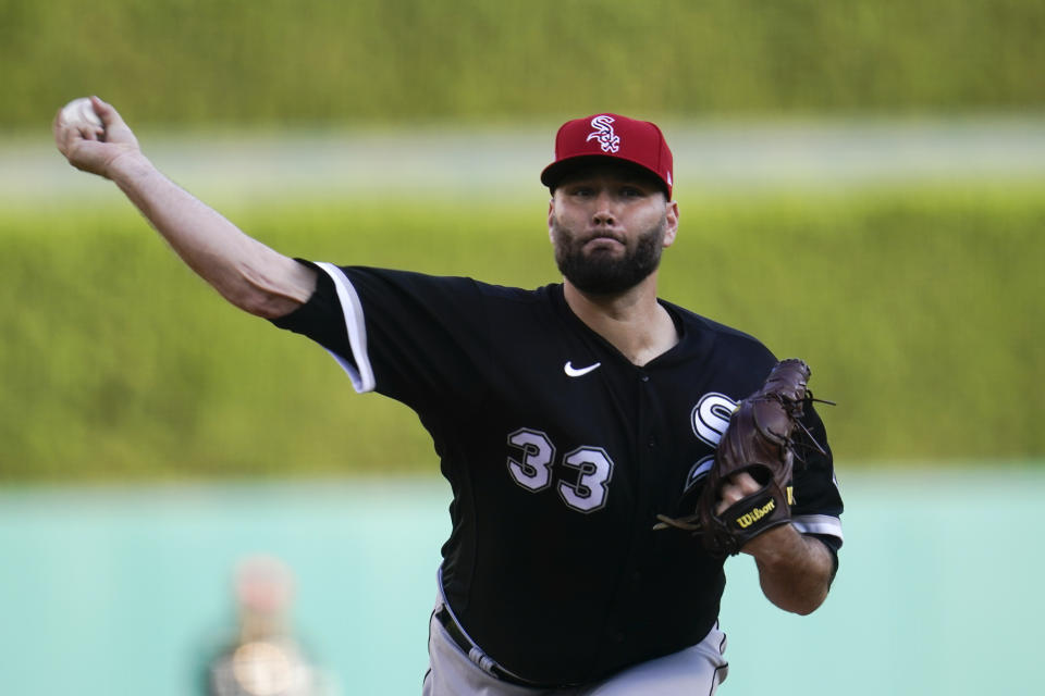 Chicago White Sox pitcher Lance Lynn throws against the Detroit Tigers in the first inning of a baseball game in Detroit, Friday, July 2, 2021. (AP Photo/Paul Sancya)