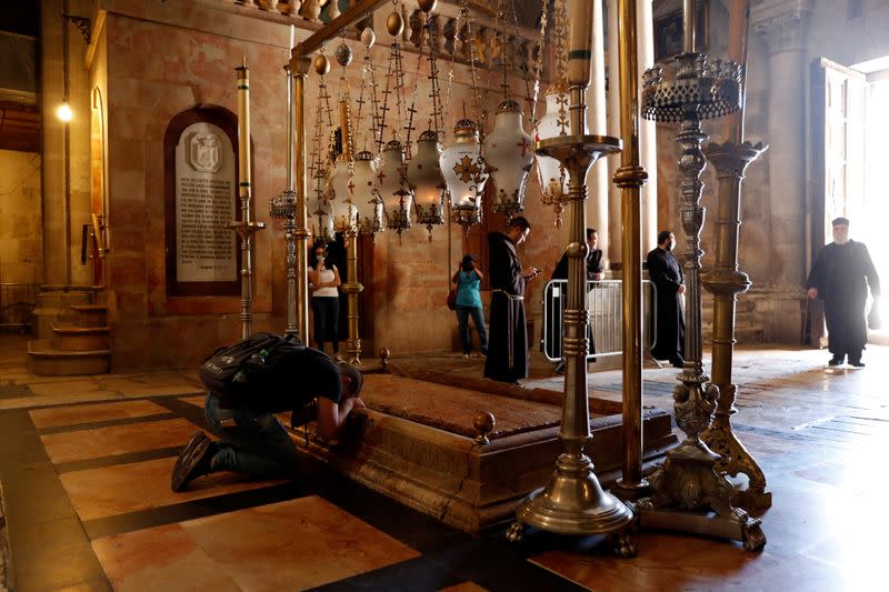 Church of the Holy Sepulchre reopens its doors following the easing of the novel coronavirus restrictions, in Jerusalem's Old City