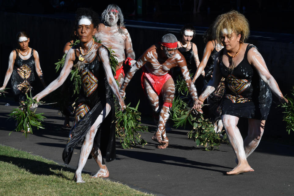Indigenous performances during the WugulOra Morning Ceremony at Barangaroo Reserve during Australia Day in Sydney. Source: AAP
