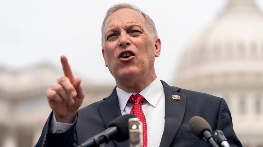 Rep. Andy Biggs (R-Ariz.) speaks at a 2021 news conference on Capitol Hill in Washington. (AP Photo/Andrew Harnik, File)