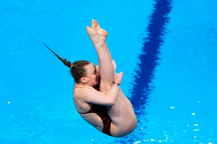 Ohio State sophomore Lena Hentschel, representing Team Germany, competes during the women’s 3m springboard diving preliminaries at the World Aquatics Championships in Doha, Qatar, Thursday, Feb. 8, 2024. (AP Photo/Hassan Ammar)