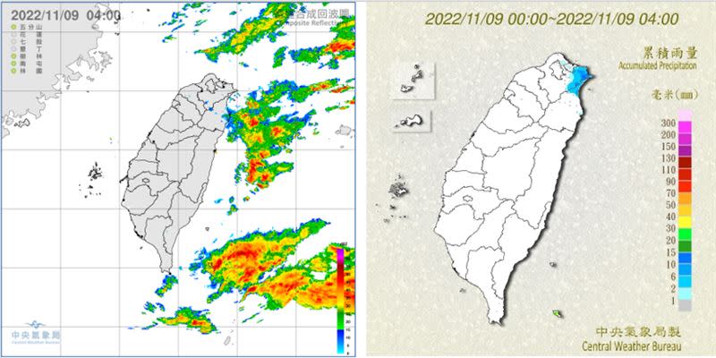 圖：9日4時雷達回波合成圖顯示，回波皆已東移、脫離陸地(左圖)；4時累積雨量圖顯示，東北角有局部雨(右圖)。