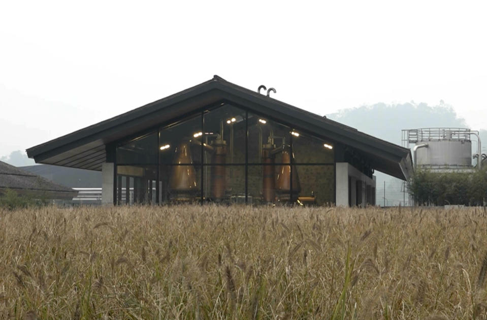 In this image from a video, The Chuan Malt Distillery is seen in Emeishan in southwestern China's Sichuan province on Dec. 13, 2023. The more than $100 million distillery owned by Pernod Ricard and based at the UNESCO World Heritage site Mount Emei, launched a pure-malt whisky, The Chuan, aiming to tap a growing taste among young Chinese for whisky in place of the traditional "baijiu" used to toast festive occasions. (AP Photo/Caroline Chen)