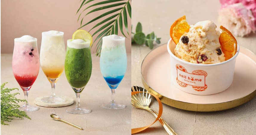 微風南山atre JAPAN RAIL CAFE「日本夏的風物詩」夏日漂浮飲品（左，160元起）、soil home ehime蜜柑冰淇淋。（原價120元、特價100元，圖／微風集團提供）