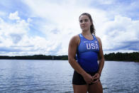 Canoe sprint world champion Nevin Harrison, 19, of Seattle, poses for a portrait before she trains near Lake Lanier Olympic Park on Thursday, July 1, 2021, in Gainesville, Ga. Harrison won the world championship in the women's sprint canoe 200 meters as a 17-year-old in 2019. Now she'll try to duplicate that at the Olympics in Tokyo where the race will be a new event in a bid for gender equity. (AP Photo/Brynn Anderson)