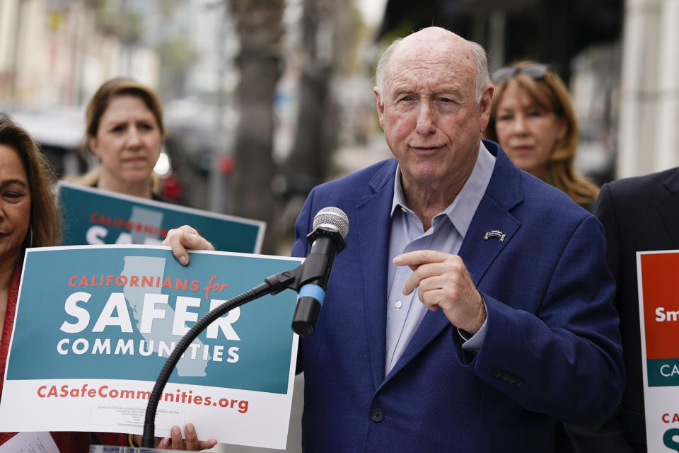 Santa Monica Mayor Phil Brock speaks at a news conference organized by the Californians for Safer Communities Coalition, Thursday, April 18, 2024, in Culver City, Calif. The coalition, backed by retailers like Walmart and Target, announced Thursday it has collected enough signatures to put a ballot measure before California voters this November to enhance criminal penalties for shoplifting and drug dealing. (AP Photo/Ryan Sun)