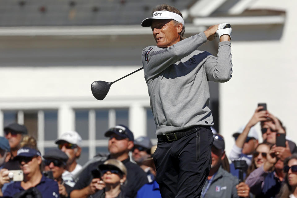 Bernhard Langer watches his tee shot on the first hole during the first round of the PGA Tour Champions Dominion Energy Charity Classic golf tournament Friday, Oct. 21, 2022, in Richmond, Va. (Eva Russo/Richmond Times-Dispatch via AP)