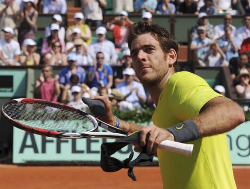 Argentina's Juan Martin Del Potro celebrates after he won against Spain's Albert Montanes during their Men's Singles 1st Round tennis match of the French Open tennis tournament at the Roland Garros stadium, in Paris. Home hope Jo-Wilfried Tsonga struggled under the weight of expectations while Del Potro shrugged off an injury scare on Sunday's sweltering opening day at Roland Garros