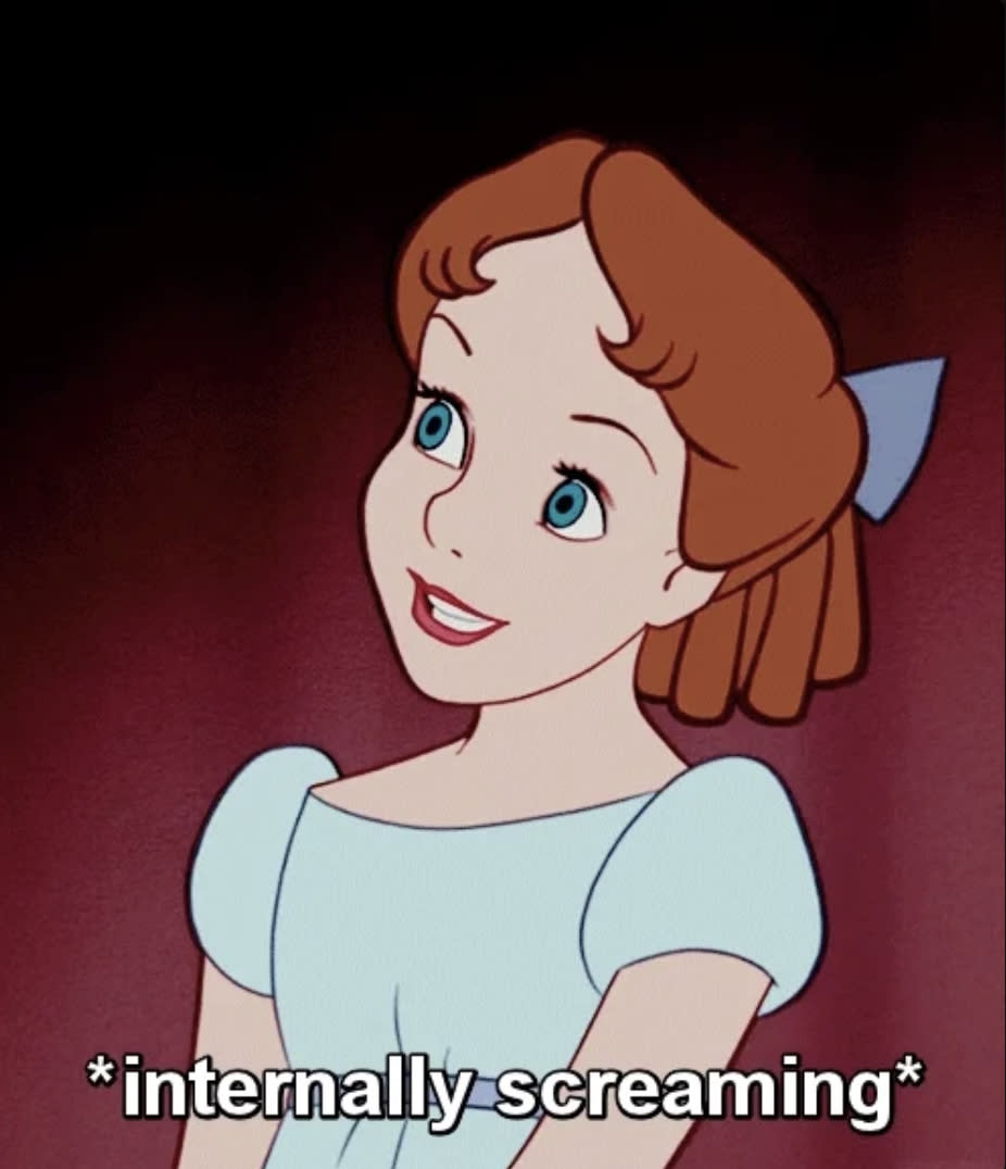 Animated character Wendy Darling from Peter Pan with a shocked expression and the caption "*internally screaming*"
