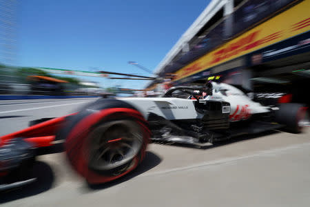 Kevin Magnussen pulls out of the garage at Circuit Gilles Villeneuve during a practice session for the F1 race in Montreal, Quebec, Canada, June 8, 2018. REUTERS/Carlo Allegri