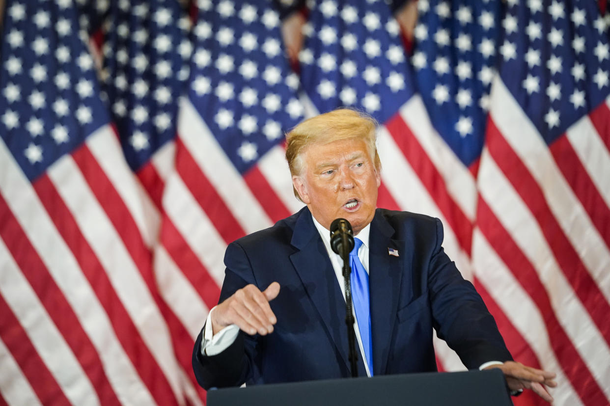 WASHINGTON, DC - NOVEMBER 4: President Donald J. Trump speaks during an election event in the East Room at the White House in the early morning hours on November 4, 2020 in Washington, D.C. (Photo by Jabin Botsford/The Washington Post via Getty Images)