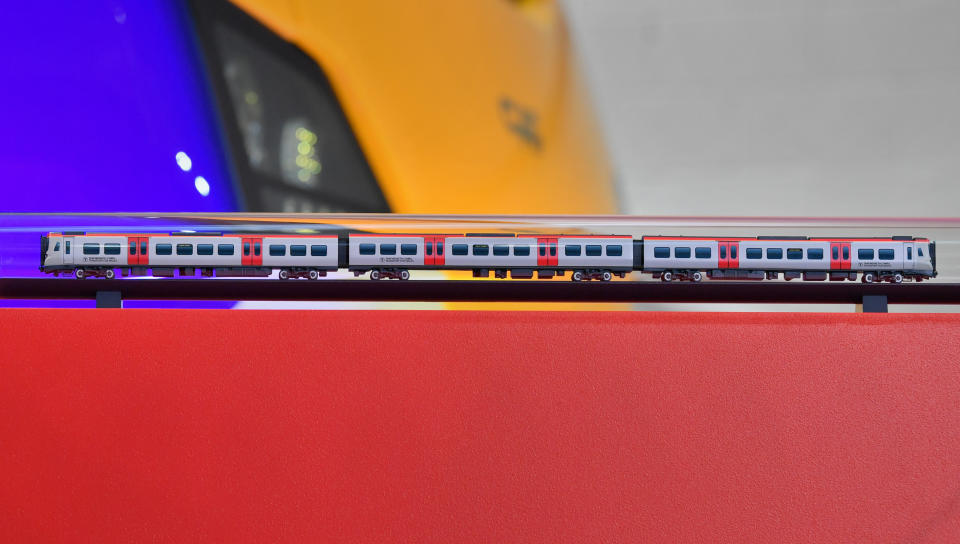 The model train presented to the Prince of Wales during his visit to the CAF train factory in Newport, Wales.