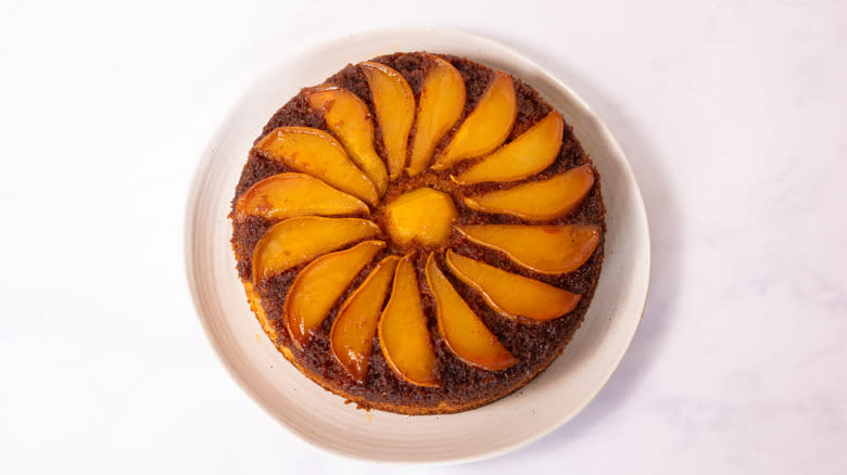 upside down pear cake on plate 