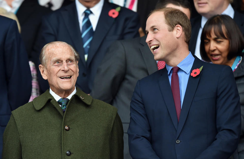 LONDON, UNITED KINGDOM - OCTOBER 31: (EMBARGOED FOR PUBLICATION IN UK NEWSPAPERS UNTIL 48 HOURS AFTER CREATE DATE AND TIME) Prince Philip, Duke of Edinburgh and Prince William, Duke of Cambridge attend the 2015 Rugby World Cup Final match between New Zealand and Australia at Twickenham Stadium on October 31, 2015 in London, England. (Photo by Max Mumby/Pool/Indigo/Getty Images)