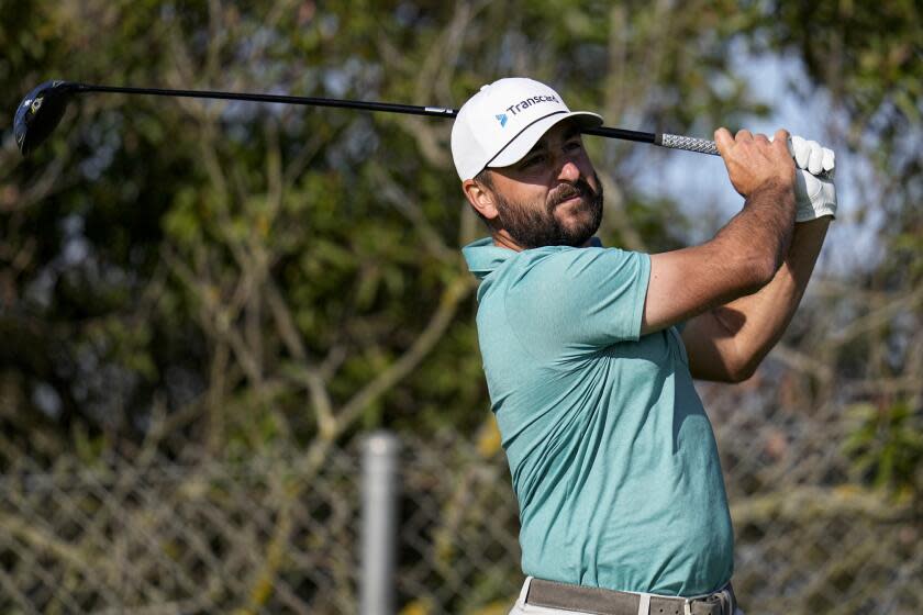 Stephan Jaeger watches his tee shot on the seventh hole of the North Course at Torrey Pines.