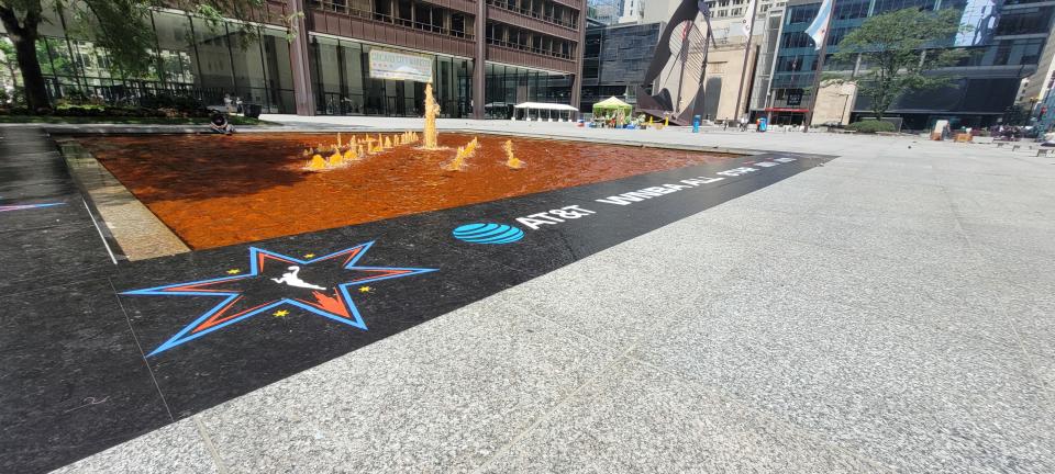 Signage for the 2022 WNBA All-Star Game at the Richard J Daley Plaza Fountain in Chicago. (Cassandra Negley/Yahoo Sports)