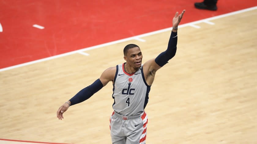 Washington Wizards guard Russell Westbrook (4) reacts during the second half of an NBA basketball Eastern Conference play-in game against the Indiana Pacers, Thursday, May 20, 2021, in Washington. (AP Photo/Nick Wass)