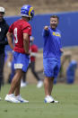 Los Angeles Rams head coach Sean McVay, right, talks to quarterback Matthew Stafford during an NFL football practice Tuesday, June 8, 2021, in Thousand Oaks, Calif. (AP Photo/Mark J. Terrill)