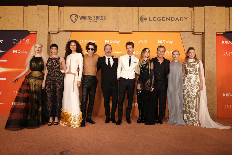 NEW YORK, NEW YORK - FEBRUARY 25:  (L-R) Anya Taylor-Joy, Souheila Yacoub, Zendaya, Timothée Chalamet, Denis Villeneuve, Austin Butler, Rebecca Ferguson, Josh Brolin, Florence Pugh, and Léa Seydoux seen at the New York Premiere of Warner Bros. 