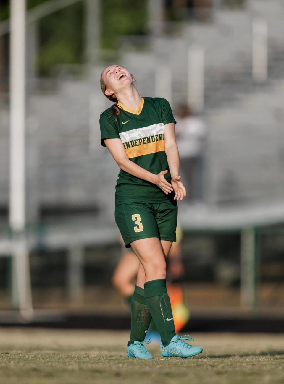 Patriot’s Sydney Malenfant (3) reacts to a missed shot on goal. Independence would host Rocky River in Women’s Soccer Wednesday May 4, 2022.