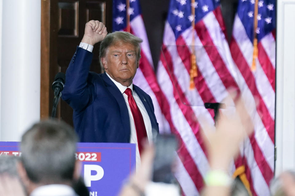 FILE - Former President Donald Trump gestures after speaking at Trump National Golf Club in Bedminster, N.J., Tuesday, June 13, 2023. Boris Johnson and Donald Trump have quite a bit in common as two populist iconoclasts in hot water after leaving the top office in their respective nations. But they are likely on different trajectories. Trump is the frontrunner for his party's presidential nomination and stands a solid chance of winning back his old job from President Joe Biden in 2024. Johnson is a man without a party with a less direct route back to power in the United Kingdom. (AP Photo/Andrew Harnik, File)