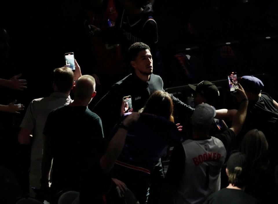 May 2, 2022; Phoenix, Arizona, USA;  Phoenix Suns guard Devin Booker enters the court for game one of the NBA Western Conference semifinals against the Dallas Mavericks at Footprint Center.