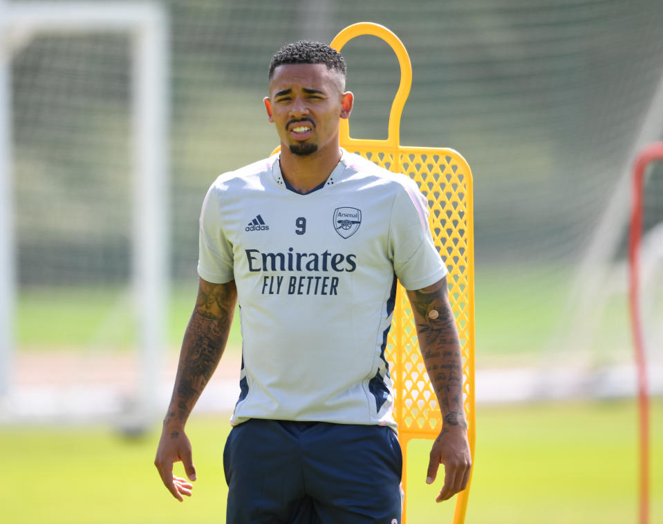 ST ALBANS, ENGLAND - JULY 04: Gabriel Jesus of Arsenal during a training session at London Colney on July 04, 2022 in St Albans, England. (Photo by Stuart MacFarlane/Arsenal FC via Getty Images)