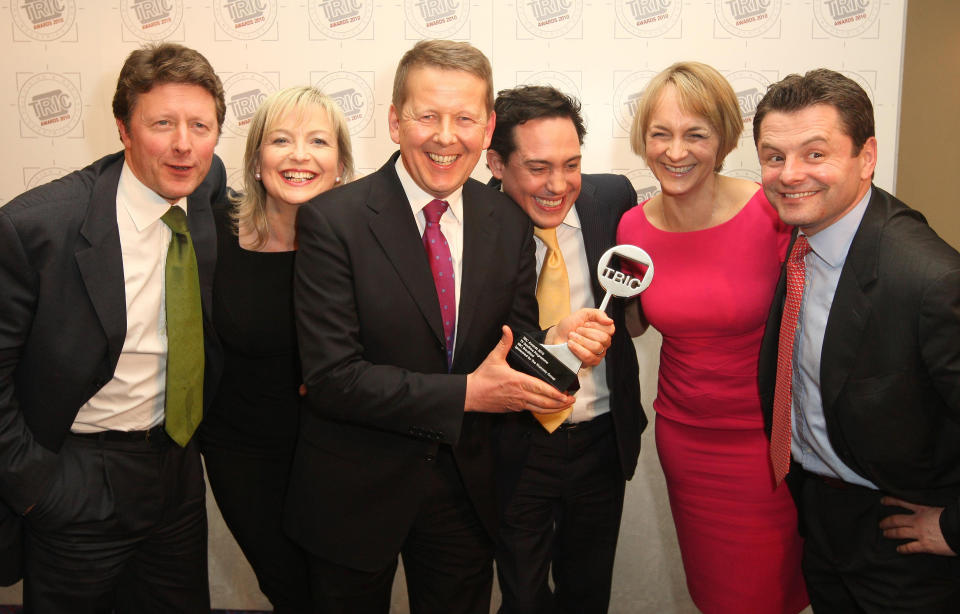 (left to right) Charlie Stayt, Carol Kirkwood, Bill Turnbull, Simon Jack, Louise Minchin and Chris Hollins with the award for 'Best TV Daytime Programme' at the TRIC (Television and Radio Industries Club) Annual Awards, at the Grosvenor House Hotel, Park Lane, London.   (Photo by Dominic Lipinski/PA Images via Getty Images)