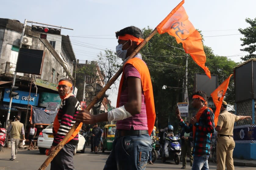 Vishwa Hindu Parishad and Bajrang Dal activists take part in a rally in Kolkata ,India on December 14,2021. (Photo by Debajyoti Chakraborty/NurPhoto via Getty Images)