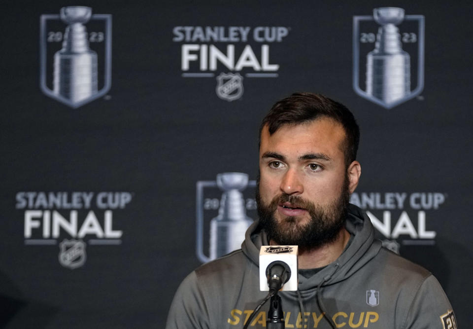 Vegas Golden Knights left wing William Carrier speaks to the media during an NHL hockey news conference Sunday, June 4, 2023, in Las Vegas. (AP Photo/Abbie Parr)